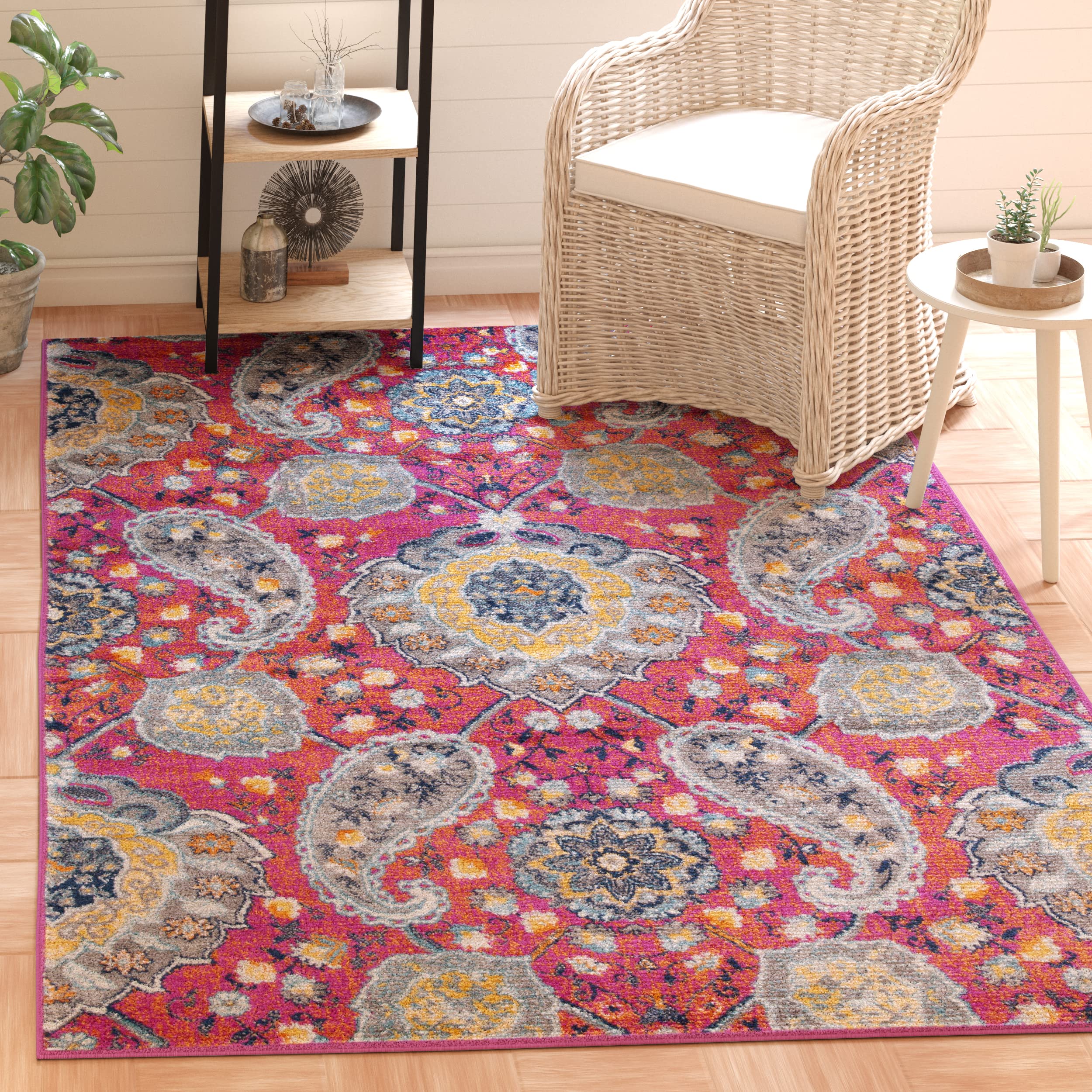 Safavieh Madison Collection Area Rug - 6'7'' X 9'2'', Fuchsia & Gold, Boho Chic Glam Paisley Design, Non-Shedding & Easy Care, I